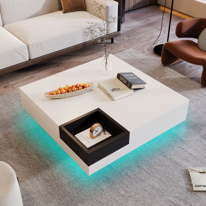 Dans Les Nuages - Table Basse 72 cm, rectangulaire, avec boîte de rangement amovible, style Moderne, table de salon en bois - led Blanc