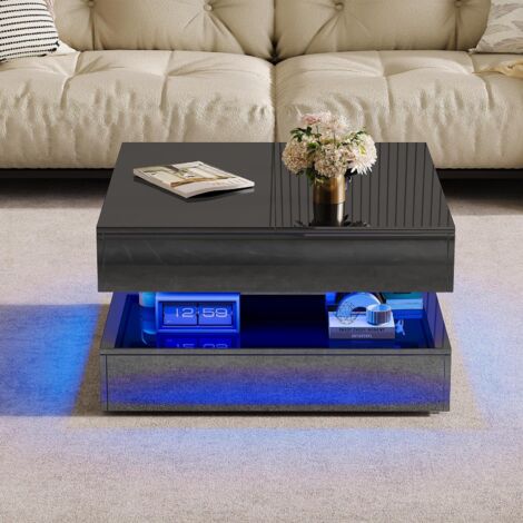 Table Basse - 73x73x43cm - Table Carrée avec Rangement, Éclairage LED RGB Intelligent, Surface Brillante Anti-rayures - Noir