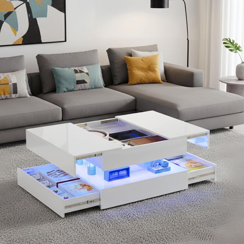 Table basse 78x78x43 cm avec lumière RGB, 2 tiroirs, espace de rangement caché, finition haute brillance - Blanc