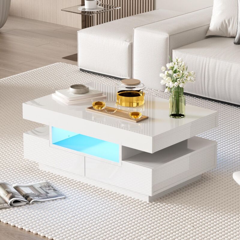 Dans Les Nuages - Table Basse rectangulaire, 80 cm - avec éclairage led, 2 Tiroirs, plateau de table en finition brillante - Blanc
