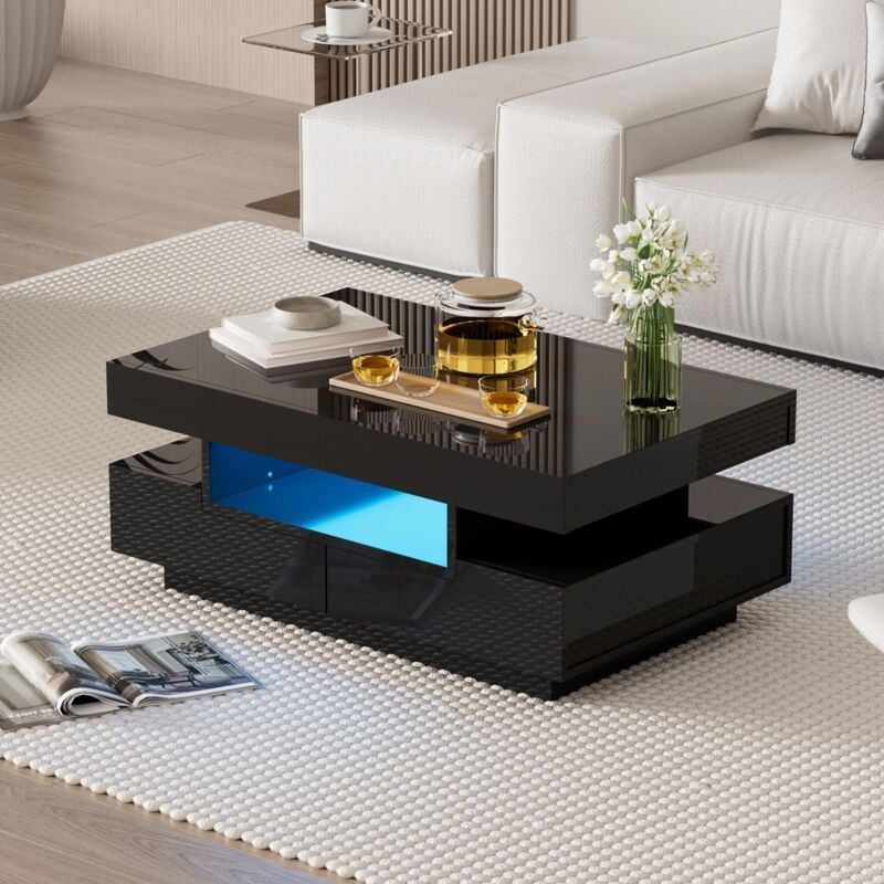 Table Basse rectangulaire, 80 cm - avec éclairage LED, 2 Tiroirs, plateau de table en finition brillante - noir