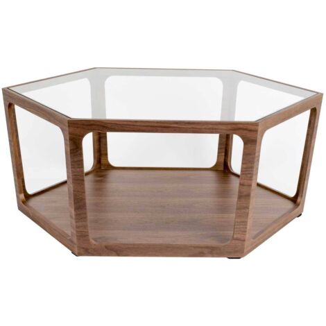 Table basse 80x92,5x34 cm en verre et décor noyer
