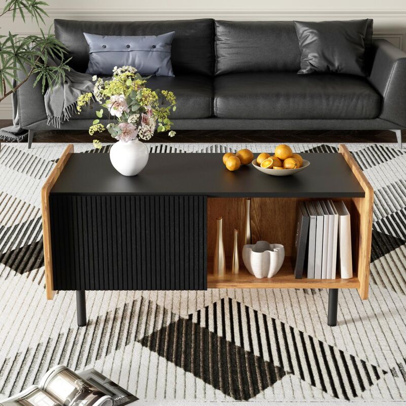 Tanant - Table basse 90 cm en noir et bois - Table basse Rectangulaire, deux compartiments ouverts et deux portes, charnières amorties, style Moderne