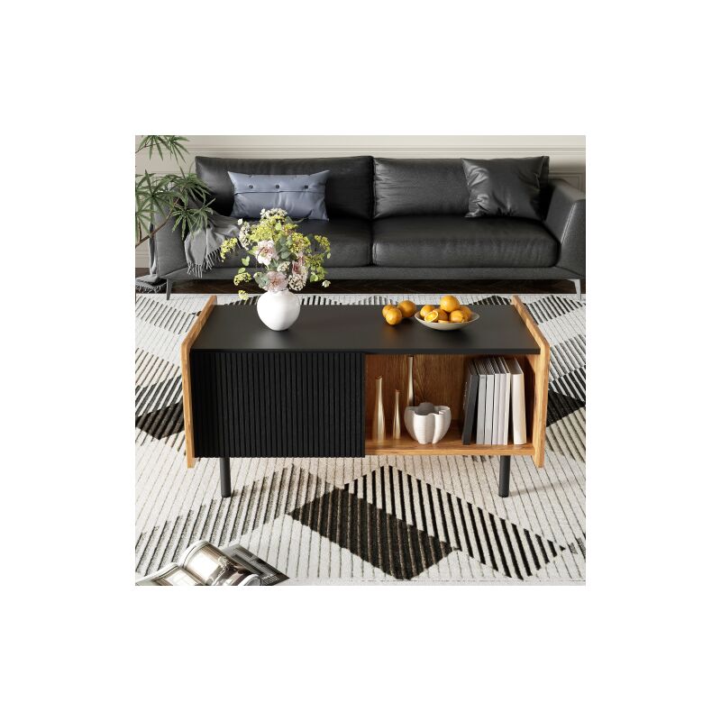 Table basse 90 cm noir et bois – style contemporain, deux compartiments ouverts et deux portes, charnières amorties
