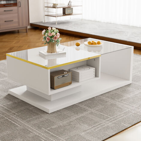 Table basse 90x50x32.5 cm plateau brillant avec effets verre et LED, panneau de particules, blanc