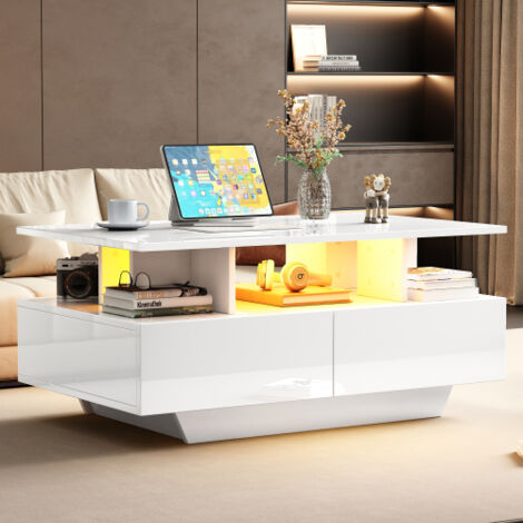 Table basse 90x55x41 cm avec éclairage LED et 2 tiroirs, étagère ouverte, en bois, blanc