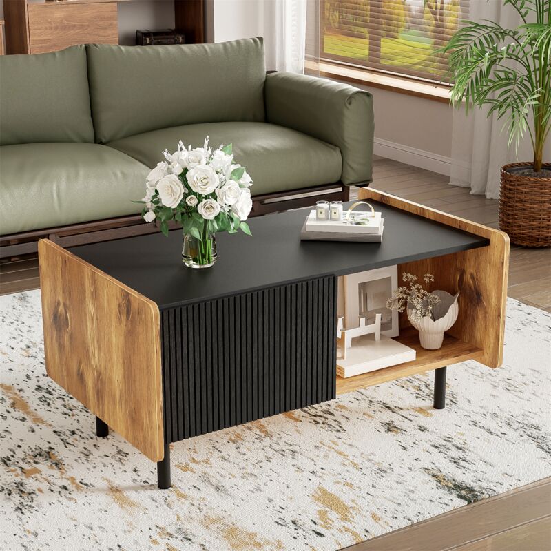 Table basse 90x55x45.5cm - table rectangulaire avec 2 compartiments ouverts et 2 portes, charnières amortissantes - couleur noir et bois