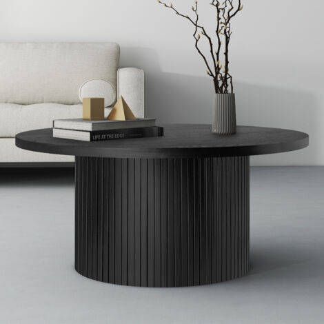 Table basse 90x90x45 cm, table basse fixe, finition de grain en bois, base verticale à rayures, Table basse ronde bois - Noir