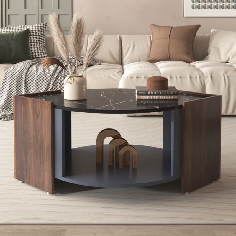 Eifson - Table basse 96.5x63x40 cm, avec tiroirs Table basse en noyer, marbre texturé contrasté, table de salon aux lignes uniques, adaptée au salon,
