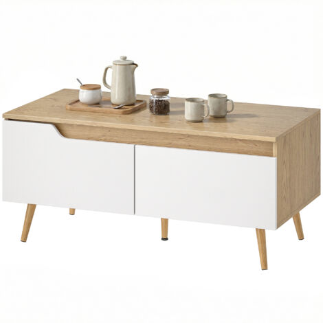 Table basse à 2 tiroirs, table de salon basse avec pieds en pin, 100 x 50 x 46 cm, chêne