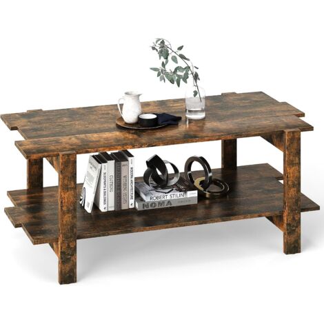 Table basse à deux niveaux, table basse de salon avec rangement, meuble de salon rectangulaire de style industriel, 115 x 59 x 46 cm, pour salon, chambre (Brun rustique)