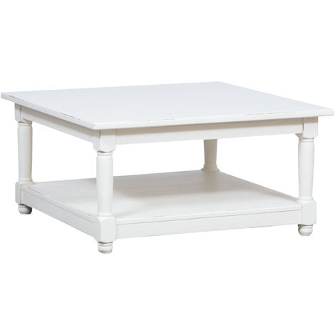 BISCOTTINI Table basse à fumere style rustique en bois massif de tilleul finition blanche antique L90xPR90xH45 cm