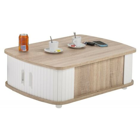 Table basse à rideaux blanche et chêne naturel Lohan