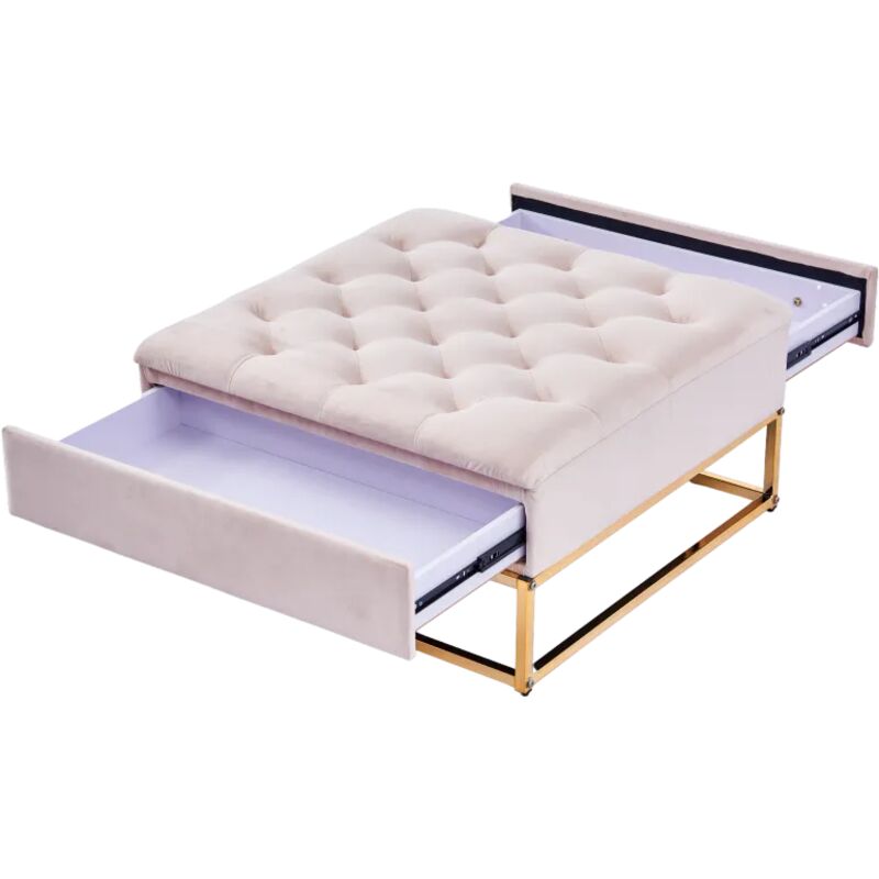 Table Basse rangements TIROIRS plateau velours capitonné Ecru et pieds Gold