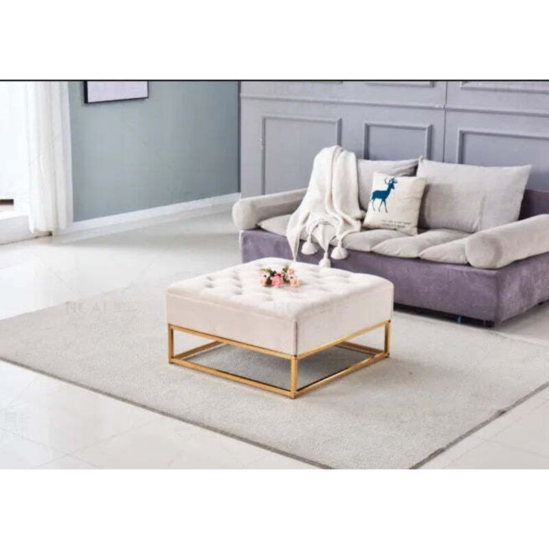 Homy France - Table Basse rangements tiroirs plateau velours capitonné Moka et pieds Gold