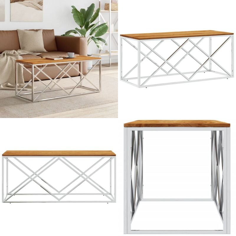 Vidaxl - Table basse acier inoxydable et bois massif d'acacia - Table Basse - Meuble Salon - Table D'appoint - Table En Métal - Table Acacia - Home &