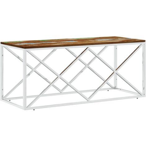 Table basse acier inoxydable et bois massif de récupération