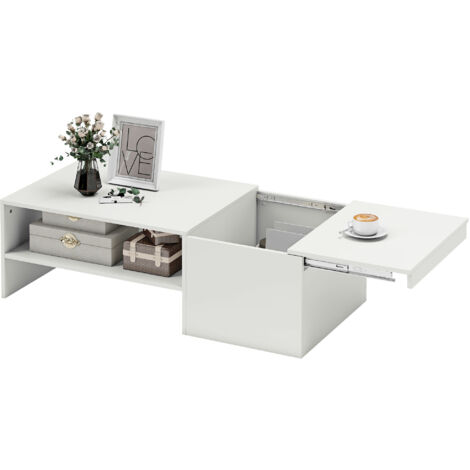 Table basse ajustable, plateau en aggloméré blanc, rails métalliques, patins antidérapants