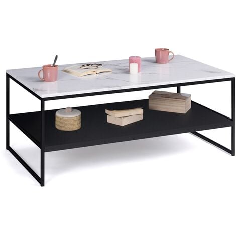 Table basse ALASKA double plateau effet marbre et bois noir pied métal - Multicolore