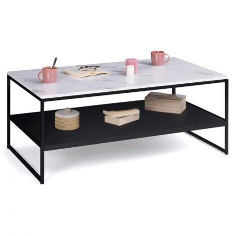 Table basse ALASKA double plateau effet marbre et noir pieds métal