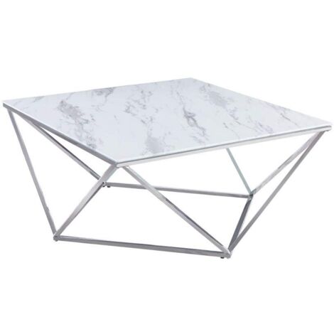 Table Basse ALINA Carrée Plateau Verre Trempé Marbré Blanc Pieds Chrome 80x80x45cm