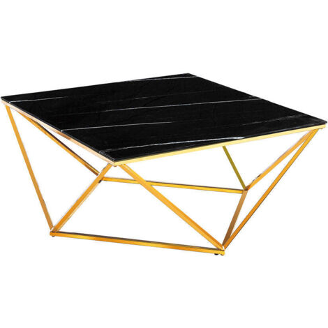 Table Basse ALINA Carrée Plateau Verre Trempé Marbré Noir Pieds Gold 80x80x45cm