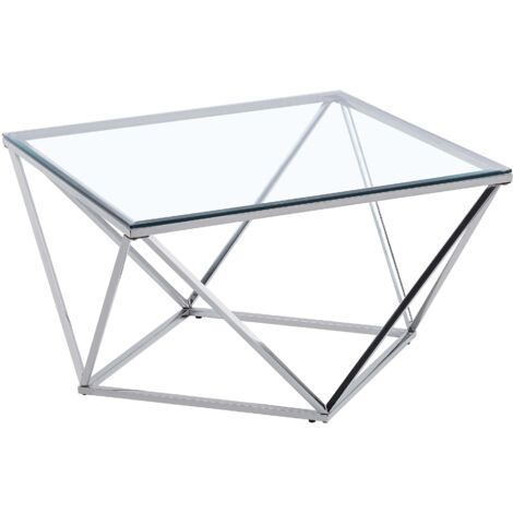 Table Basse ALINA Carrée Plateau Verre Trempé Transparent Pieds Chrome 80x80x45cm