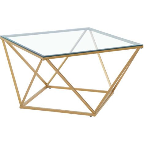 Table Basse ALINA Carrée Plateau Verre Trempé Transparent Pieds Gold 80x80x45cm