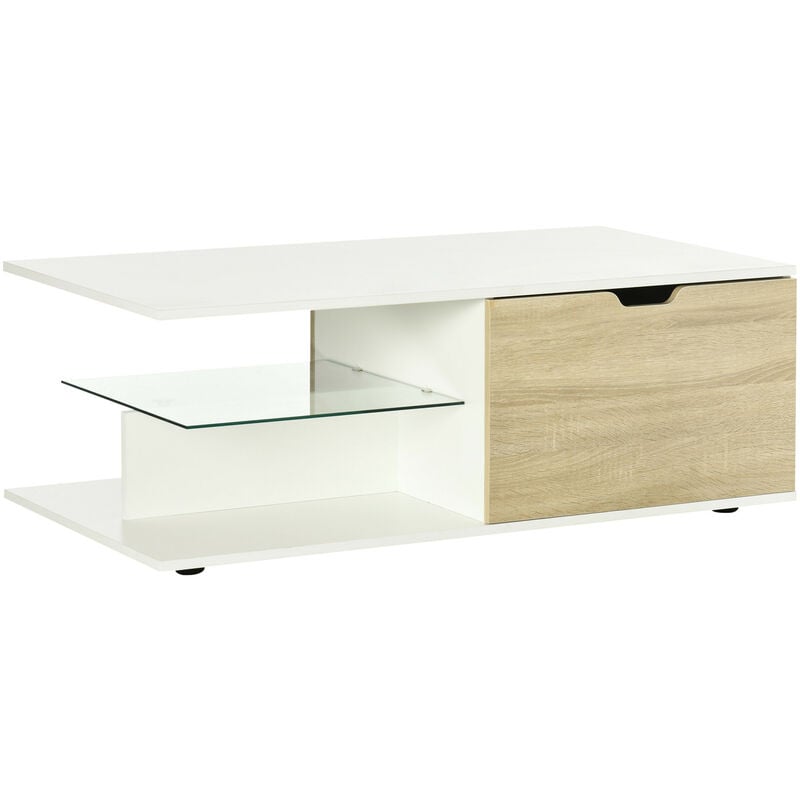 MH - Table basse aragon aspect chêne clair, blanc et verre