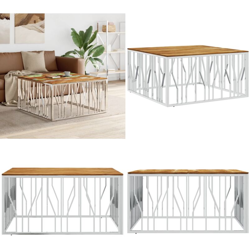 Vidaxl - Table basse argenté acier inoxydable et bois massif d'acacia - Table Basse - Meuble Salon - Table D'appoint - Bout De Canapé - Acacia Massif