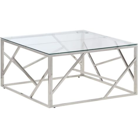 Table basse argenté acier inoxydable et verre trempé