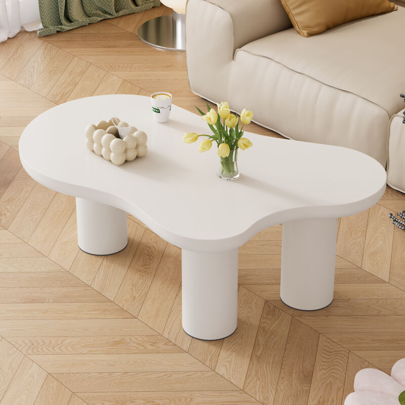 Table basse asymétrique, table d'appoint de salon, plateau en mdf, pieds en pvc avec patins en feutre, 107x66x40,5 cm, blanc