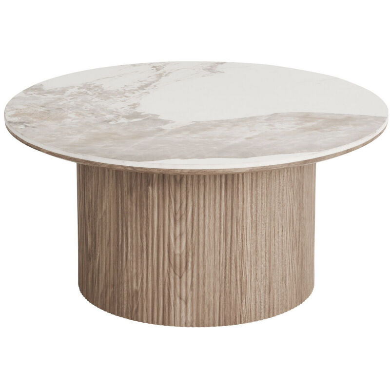 Azura Home Design – Table basse fixe ronde 80 cm – Plateau céramique effet marbre clair – Socle bois cylindrique texturé – Design moderne pour salon Azura Home Design – Table basse fixe ronde 80 cm – Plateau céramique effet marbre clair – Socle bois cylindrique texturé – Design moderne pour salon