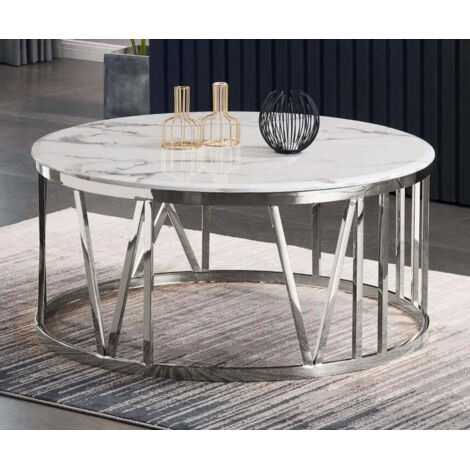 Table Basse ATMOS Ronde Plateau Verre Trempé Marbré Blanc Pieds Chrome D100x45cm
