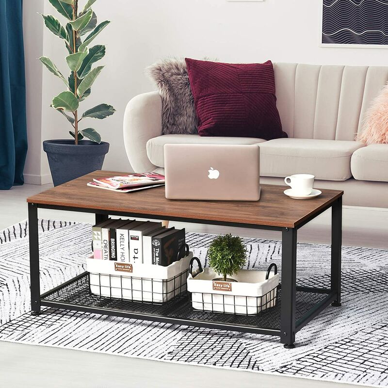 table basse au design industriel avec grand plateau, pieds reglables, protection du sol, armature en metal - stable facile a monter