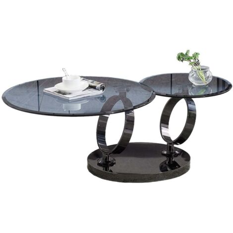 Table Basse AUTOMAT – Verre Fumé & Métal Noir – Plateau 80 cm + Rotatif 55 cm