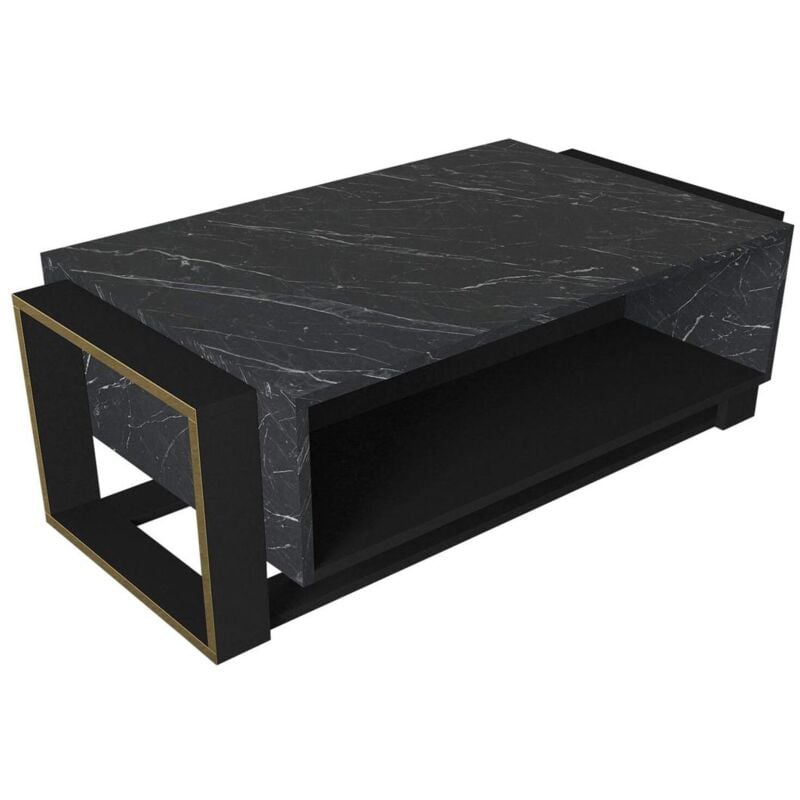 Vente-unique - Table basse avec 1 niche - Effet marbre noir et doré - comebi