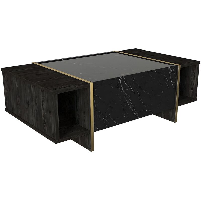 Table basse avec 1 porte et 2 niches - Effet marbre noir, naturel fonc&eacute; et dor&eacute; - CADEBA II
