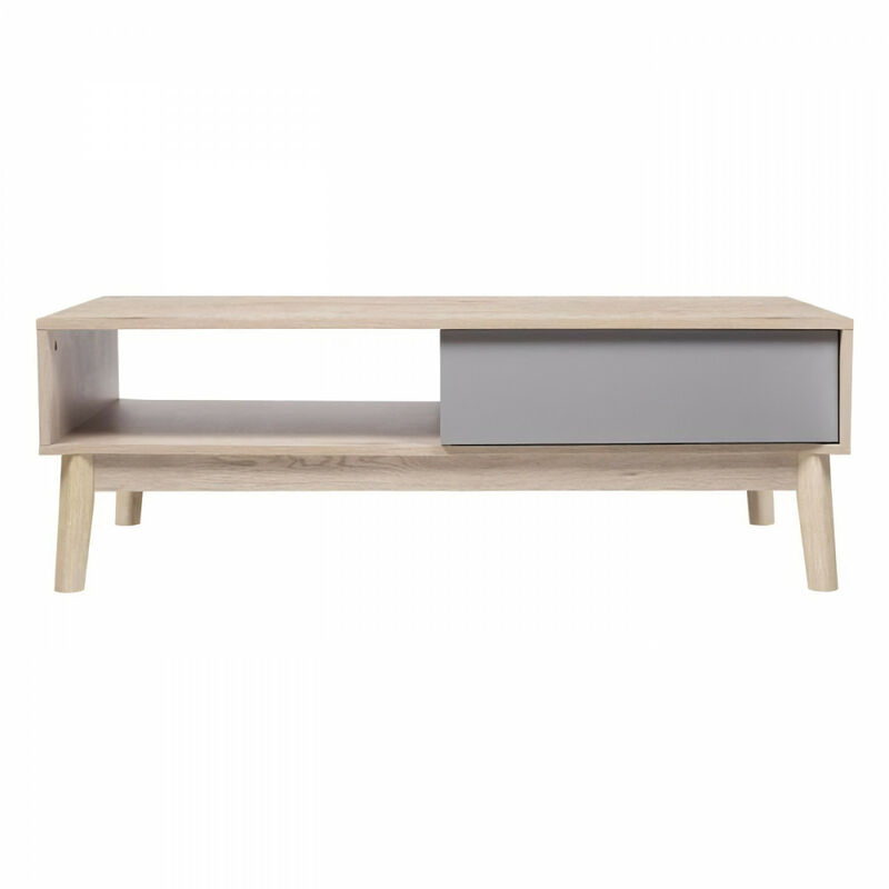 Table basse avec 1 tiroir - Scandinave - NEW SOFIA - Chene et Blanc avec motifs - L 120 x l 60 x H 40 cm