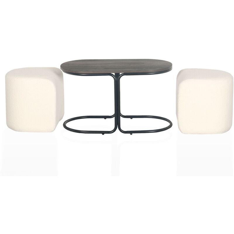 Cotecosy - Table basse avec 2 poufs Livaretti Bois foncé et Tissu bouclette Crème