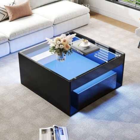 Table basse avec 2 tiroirs, bureau en verre trempé et éclairage LED – Brillant noir – 70x70x35 cm