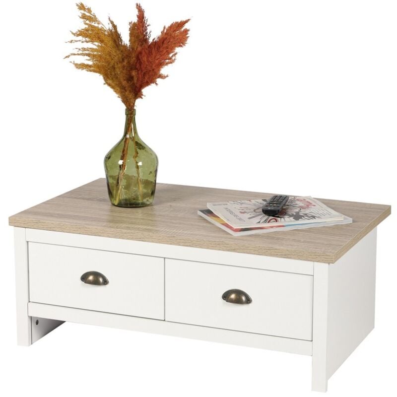 Meublorama - Table basse avec 2 tiroirs design colonial – 90x53xH36 cm, coloris blanc et plateau chêne clair – Collection madera