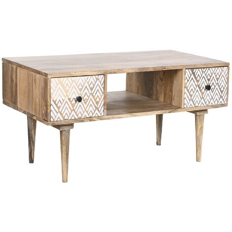 Table basse avec 2 tiroirs en bois de manguier coloris blanc / naturel - Longueur 120 x Profondeur 60 x Hauteur 45 cm -PEGANE-