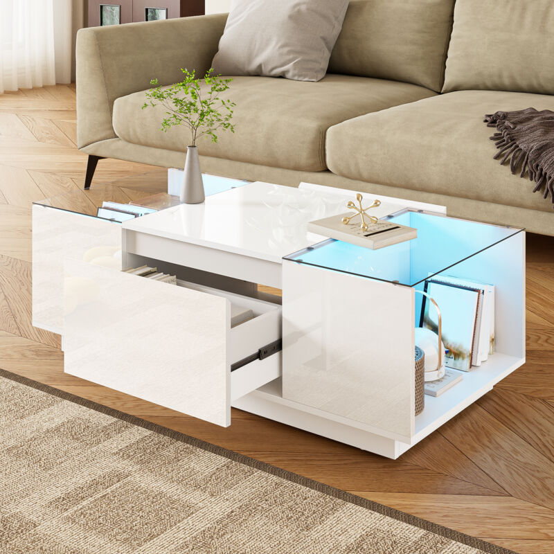 Table basse avec 2 Tiroirs et 2 Niches avec LED Bluetooth, Plaques en Verre, Brillant et Mat, en Panneaux de Particules, 105×50×35 cm, Blanc