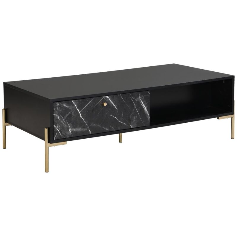 Pascal Morabito - Table basse avec 2 tiroirs et 2 niches en mdf et métal - Effet marbre noir et Doré - ciemila de