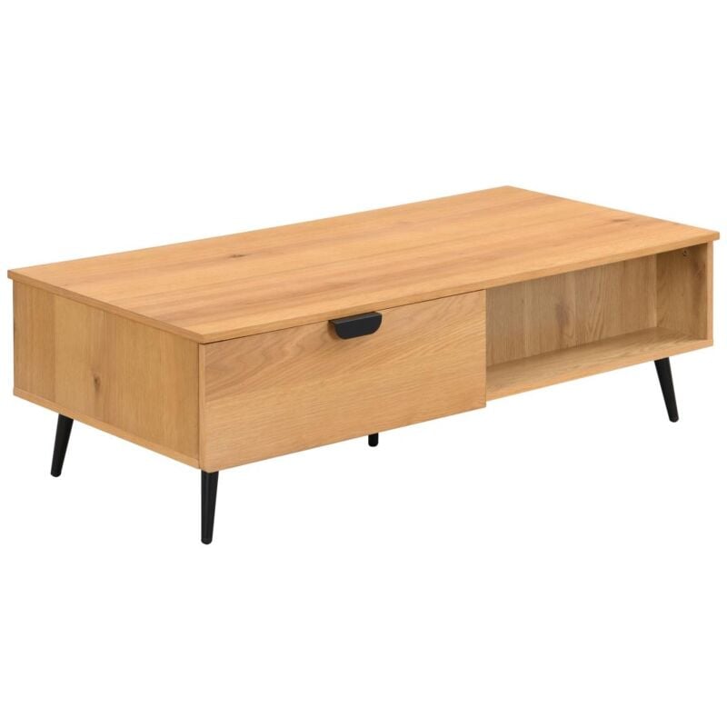 Table basse avec 2 tiroirs et 2 niches placage chêne et acier - Naturel clair et Noir - SINOLO
