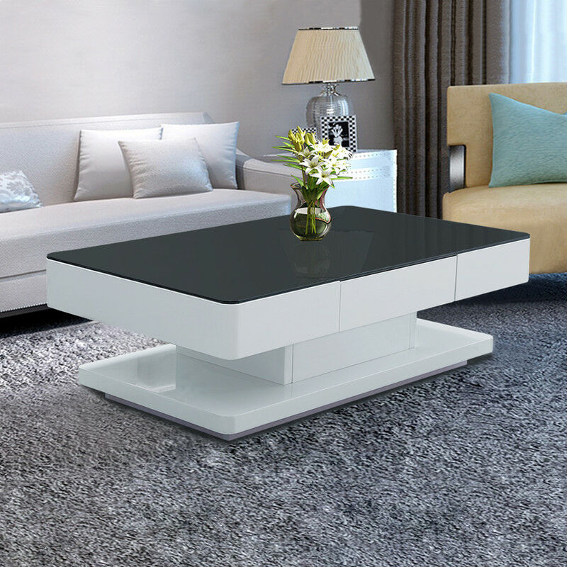 Table basse avec 2 tiroirs, Surfaces en verre trempé,100x60x35cm, Noir