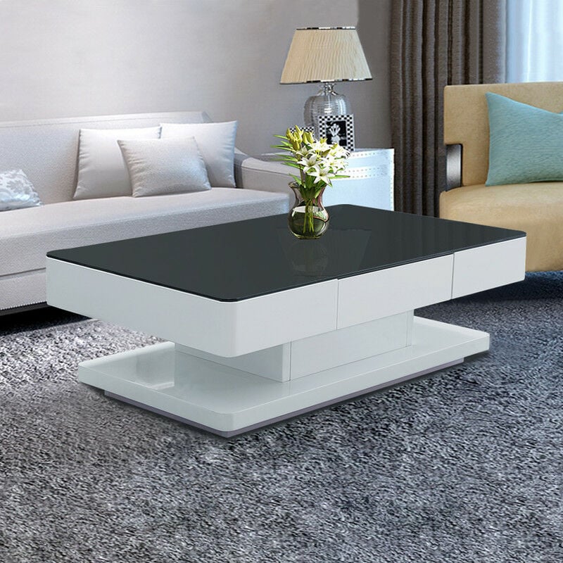 Clipop - Table basse avec 2 tiroirs, Surfaces en verre trempé,100x60x35cm, Noir