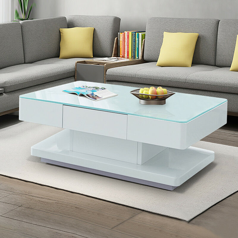 Table basse avec 2 tiroirs, Surfaces en verre trempé,100x60x35cm, Blanc