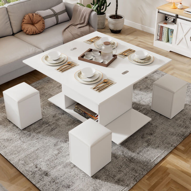 Neche – Table basse relevable 100x50x48cm – 4 chaises incluses – Rangement pratique – Design moderne blanc – Mobilier de salon élégant